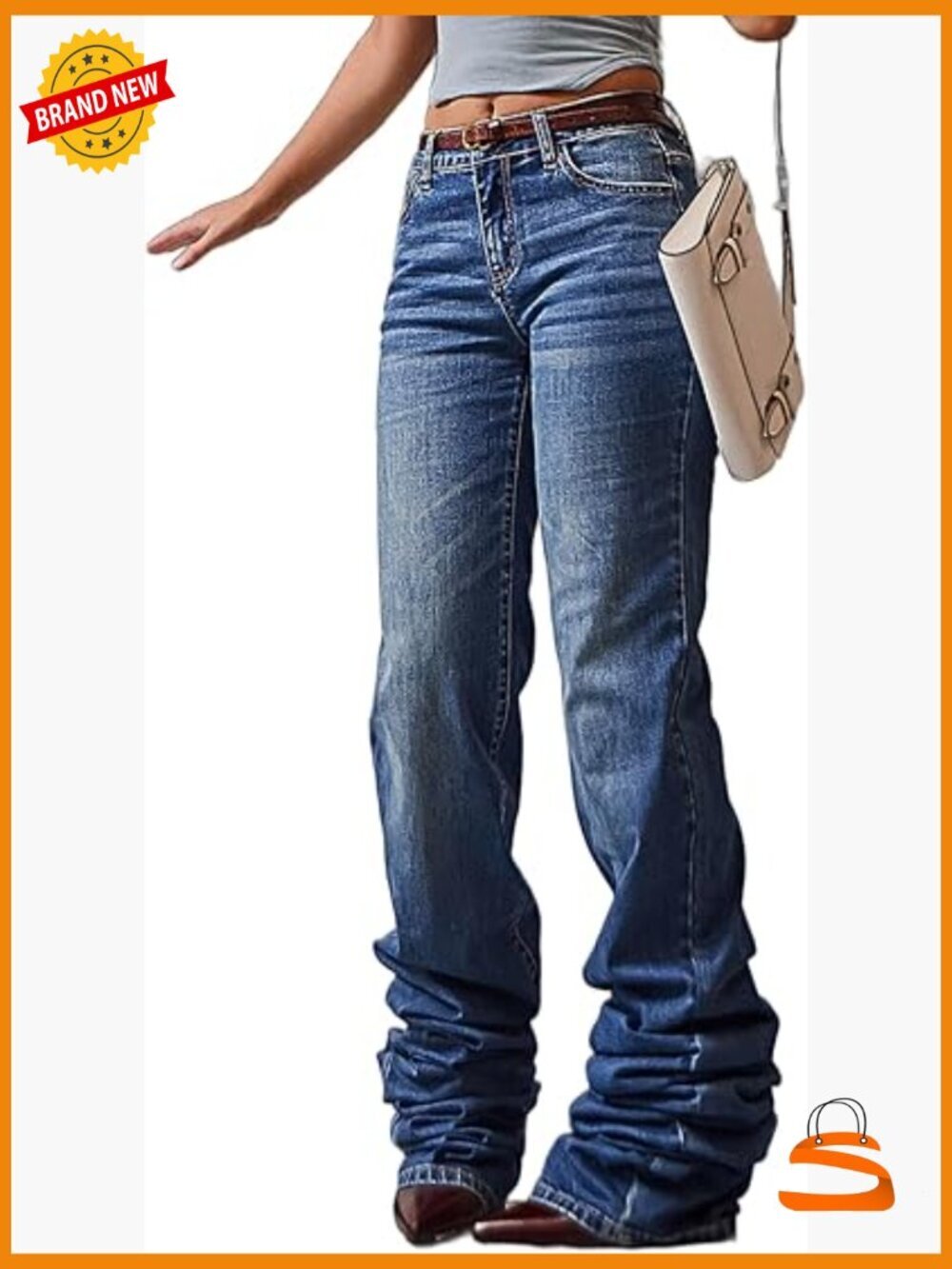 Mid Rise Straight Leg Jeans Extra Long Stacked Denim Pants with Pockets